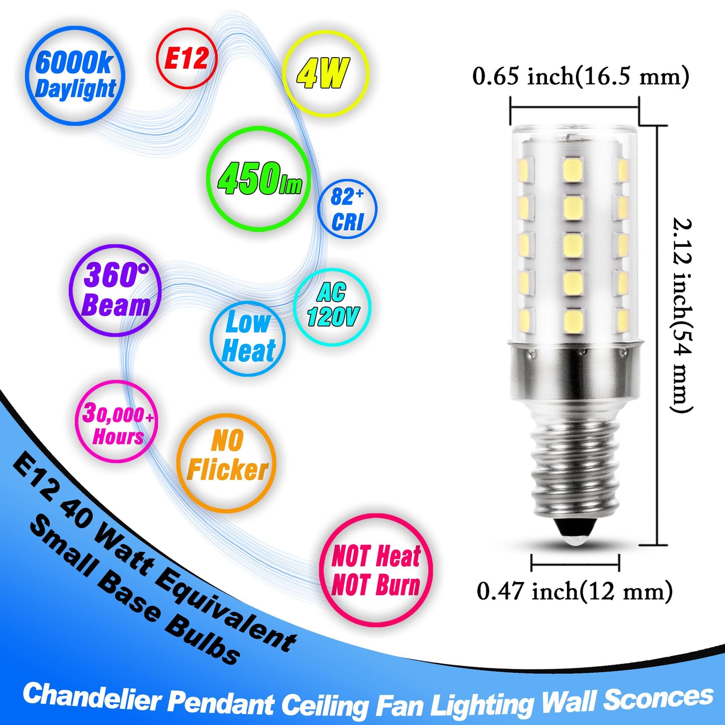 Heifymi E12 40 Watt Equivalent Led Bulbs 6000K Daylight White 450Lm 4W 120V Led Candelabra Bulb With T6 C7 E12 Small Base For Wall Sconces Pendant Chandelier Ceiling Fan Lighting  Non-Dimmable  4 Pack