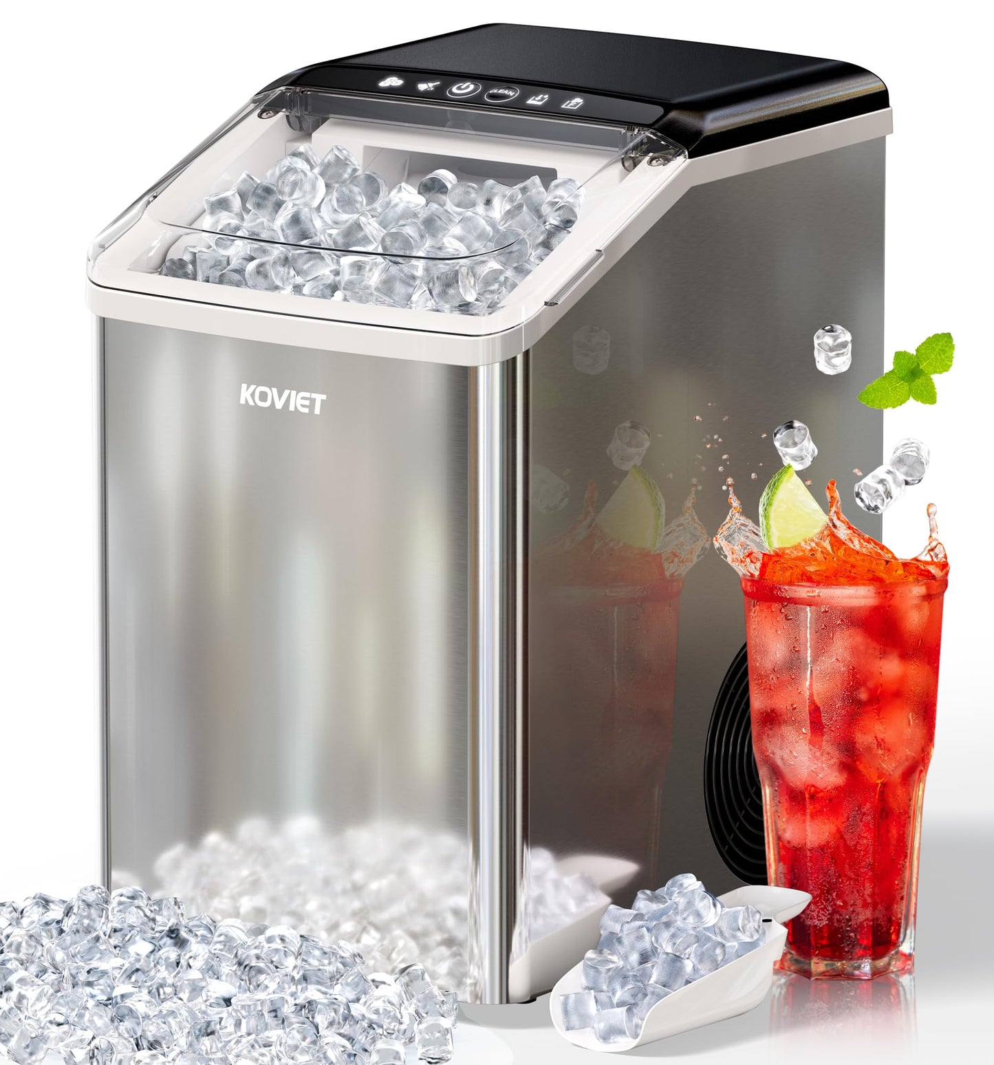 KOVIET Nugget Ice Makers Countertop, Soft Pebble Ice Machine, Chewable Crushed Pellet Ice 42lbs/Day, Self-Cleaning Drainpipe Ice Maker for Party, Home, Kitchen, Bar, Office, Silver Gray
