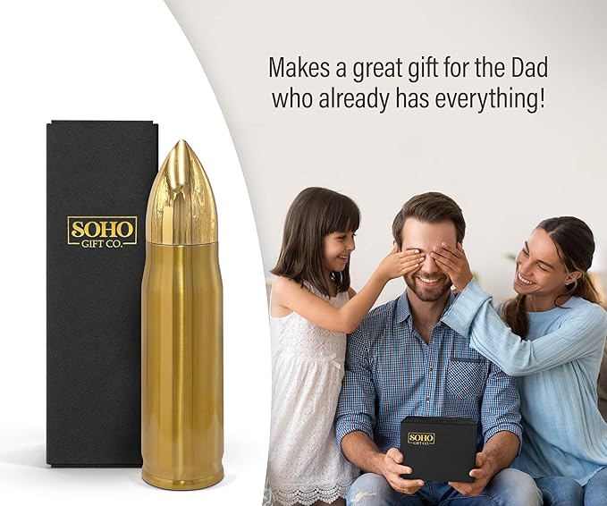 Water Bottle Gift for Dad for Christmas/Fathers Day "High Caliber Dad" Hot/Cold Insulated Stainless Steel 17oz Travel Bottle with Locking Lid (Boxed)