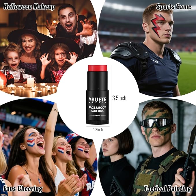 Red Oil Based Face Body Paint Stick, Non-toxic Full-coverage Face Painting for Halloween Cosplay SFX Makeup Clown Joker Demon Vampire, Waterproof Cream Red Eye Black Stick for Costumes Party