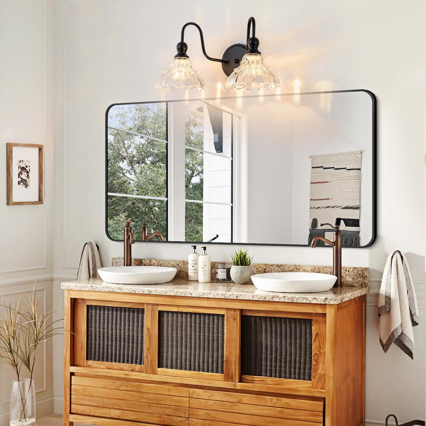 Brknit Vintage Bathroom Light Fixtures Over Mirror  2-Light Black Wall Sconce Lighting With Flower Glass Shade  Farmhouse Vanity Lights For Bedroom Kitchen Living Room Hallway Light