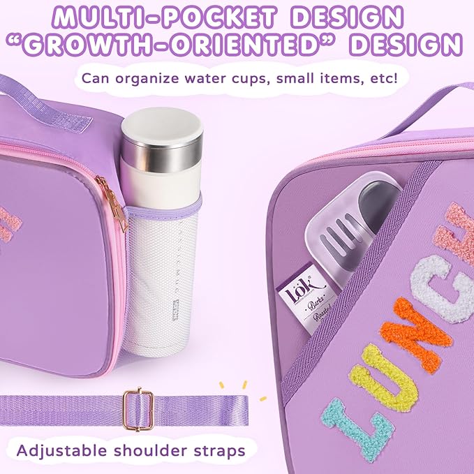 Lunch Bag Kids,Insulated Lunch Bag With Adjustable Shoulder Strap,Reusable Lunch Bag for Kids, Girls,Boys, lunch Bag Women,Preppy Lunch Box for School,Travel, Picnic (purple)