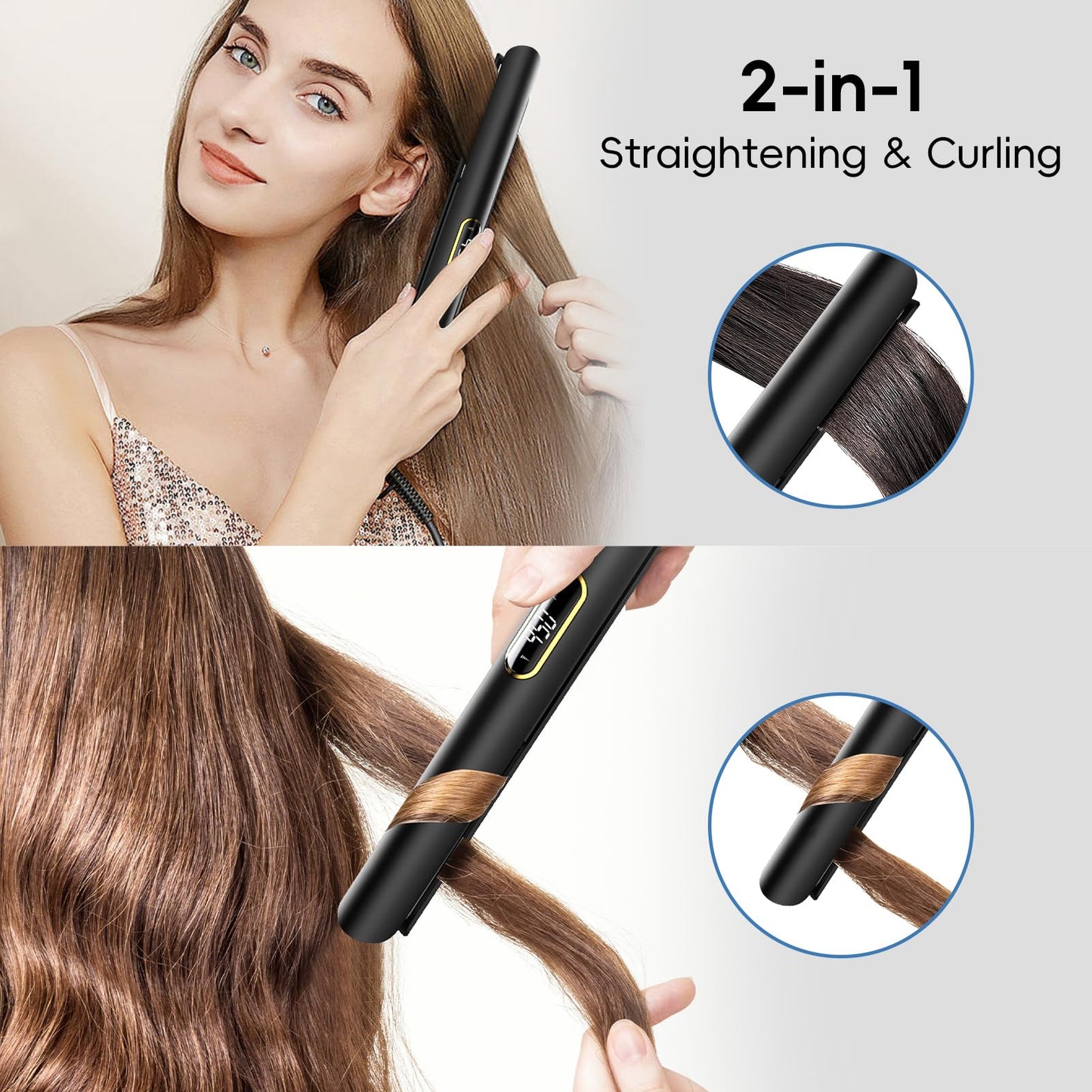 Nicebay Hair Straightener and Curler Fast Heating Titanium Iron with 5 Temp Settings and Negative Ion Technology, Travel-Friendl