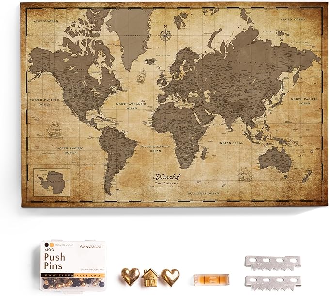 Canvas World Map with Cork Pin Board - English Lettering - Decorative Wall Decoration for All Rooms - Canvas Pictures with World Map Motif (70x50 cm, Pattern 1)