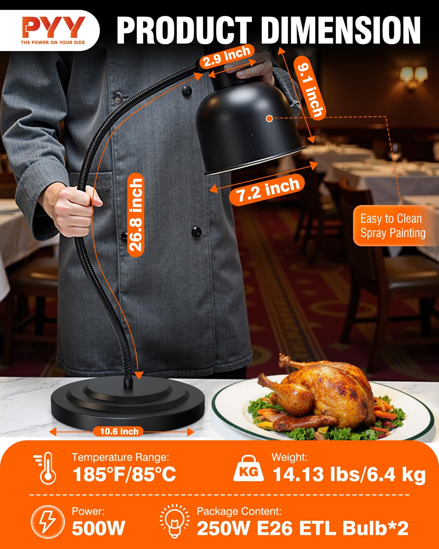 PYY Food Heat Lamp - 250W Steady Heating Commercial Food Warmer Lamp, 2 Bulbs Included, Heavy Base for Stability & Stainless Steel Build, 8.5 lbs Ideal for Catering, Restaurant, Buffet, (1-Head Black)