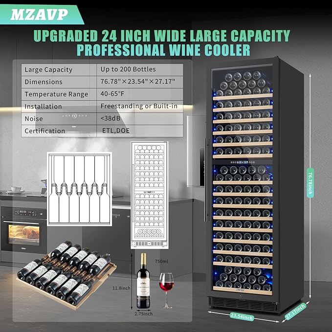 200 Bottle Dual Zone Wine Fridge，24 Inch Large Capacity Wine Refrigerator Freestanding or Built-In, Wine Cooler with Upgraded Compressor, Intelligent Temperature Memory, Low Noise and Fast Cooling