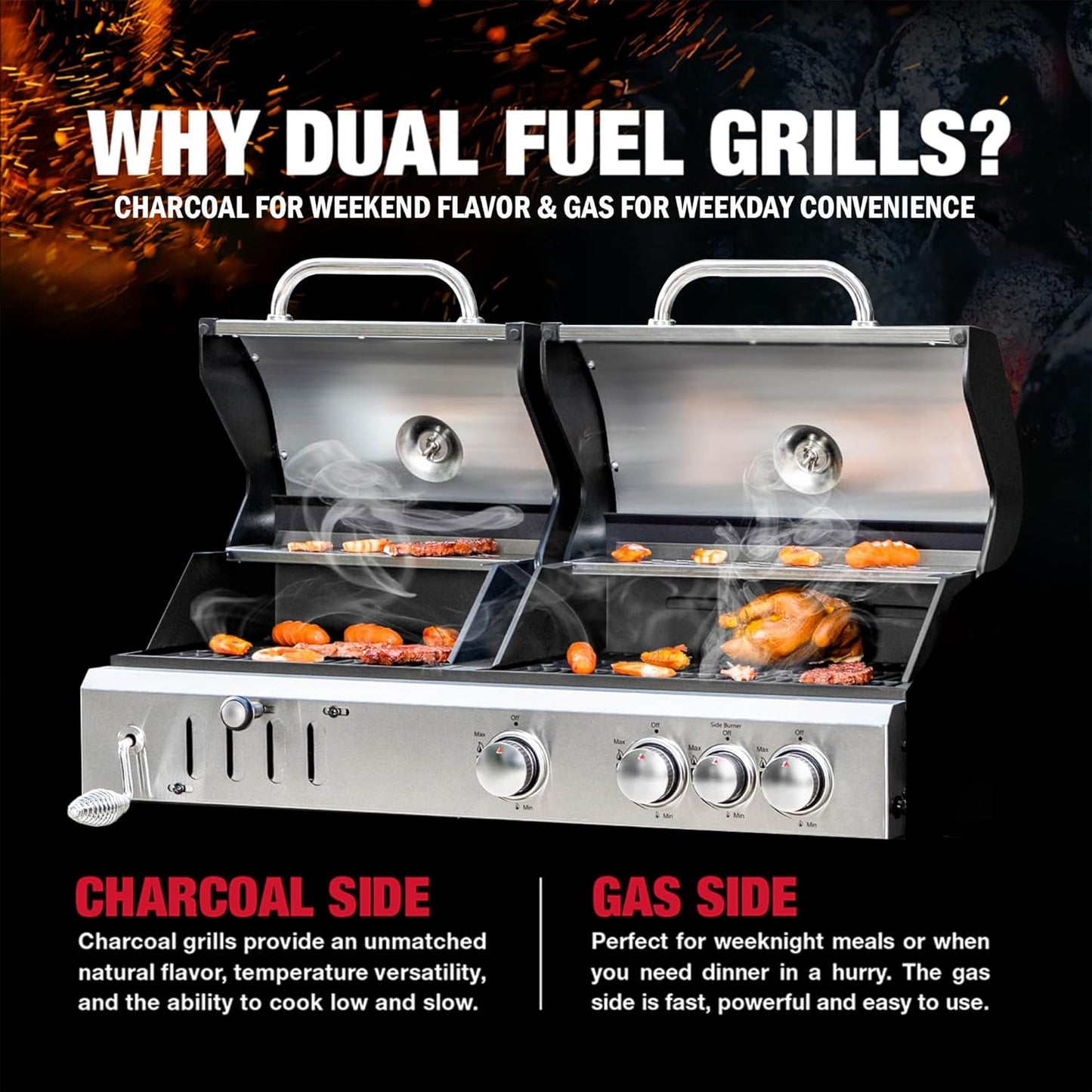 3 Burner Propane Gas and Charcoal Grill Combo with Side Burner & Porcelain-Enameled Cast Iron Grates, 37,000 BTUs 685 SQIN Dual Fuel Outdoor BBQ Grill for Patio Garden Picnic Backyard Barbecue Cooking
