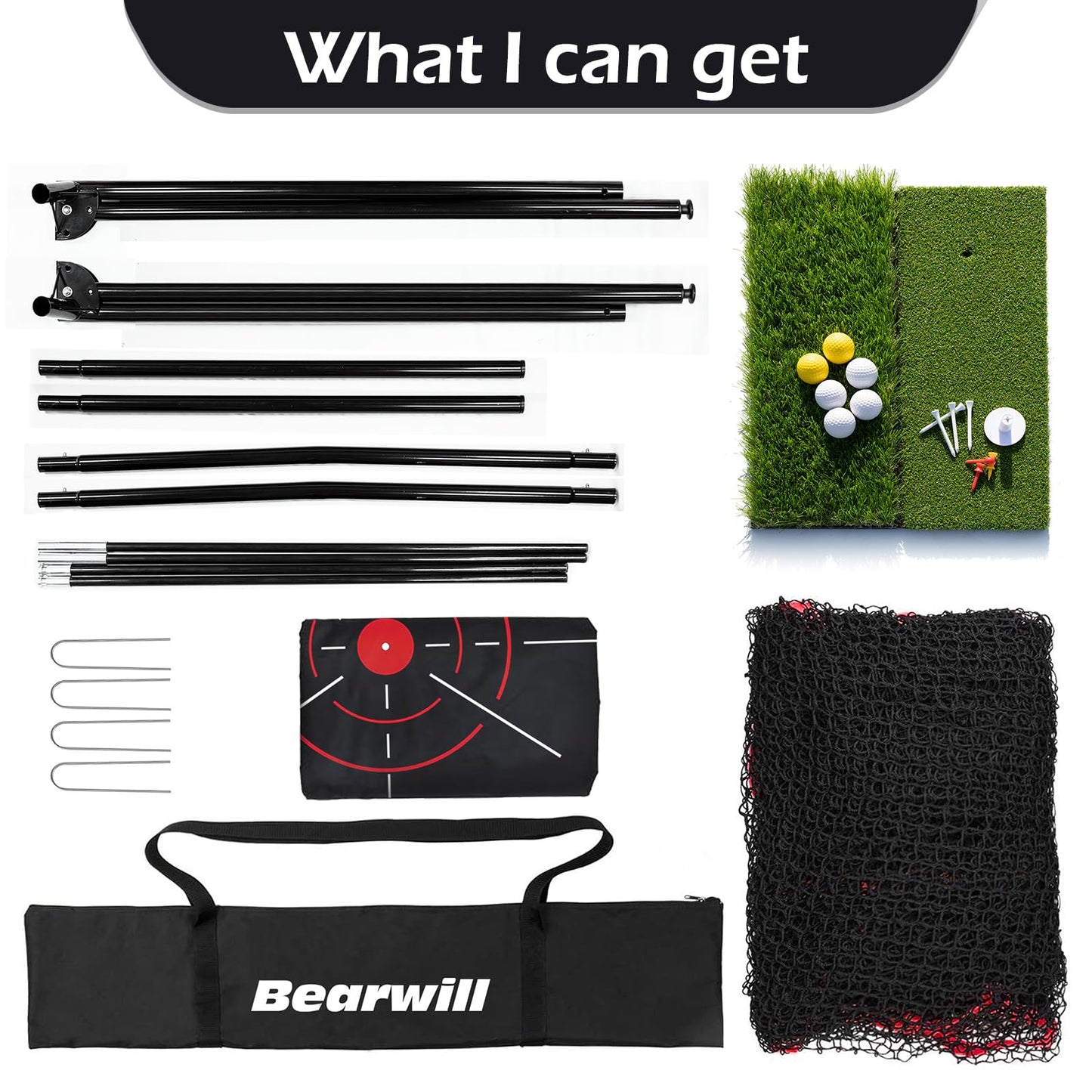 Bearwill Golf Net, 10x7ft Heavy Duty Golf Practice Nets with Mat, Target Cloth, 8 Tees, 6 Balls, Carry Bag for Backyard Driving Chipping Indoor Outdoor Training