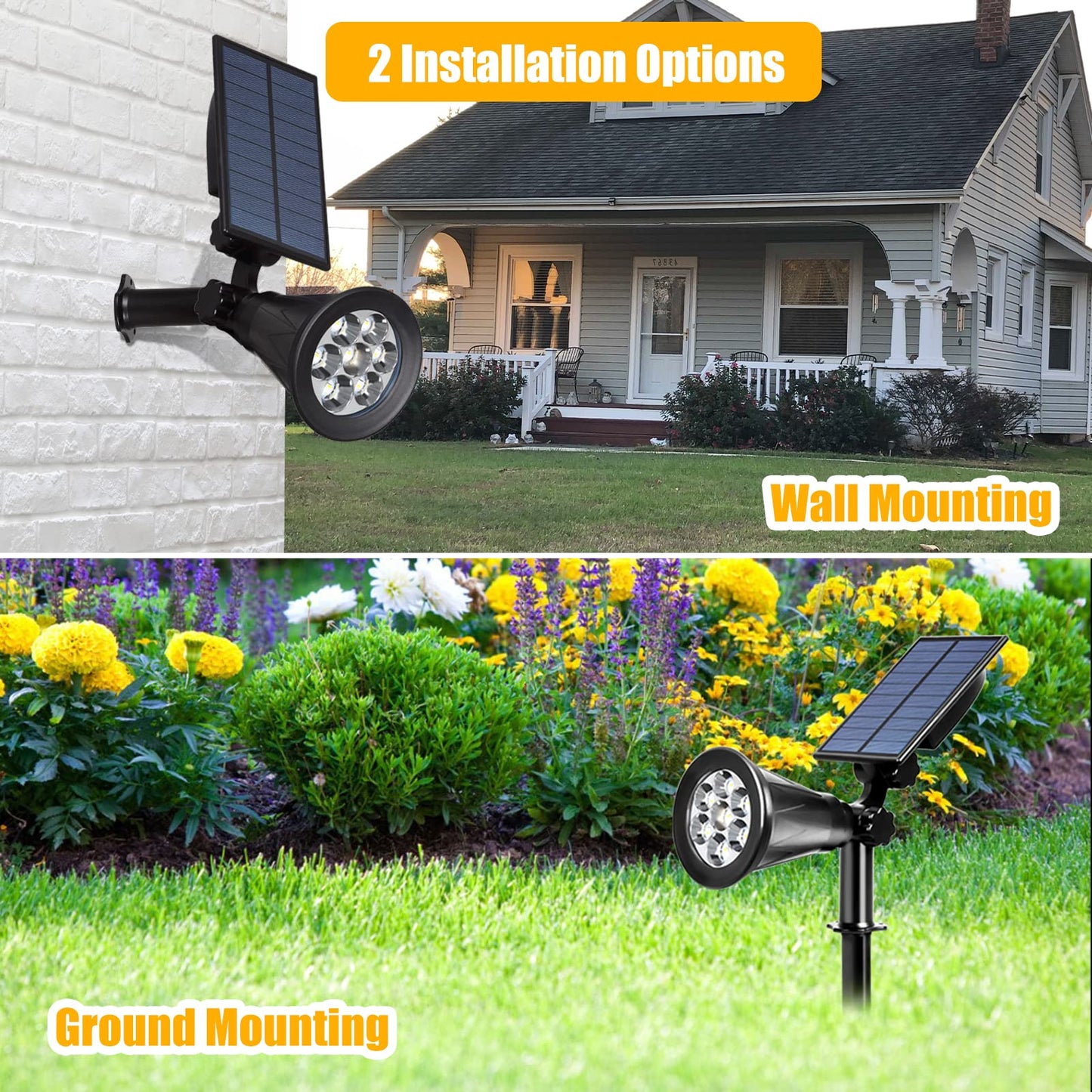 T-SUN Solar Spot Lights, 7 LED Waterproof Wall Lights, Yellow, 2 Pack, Model TS-G0102 for Outdoor Use in Garden, Yard, Patio, Pool Area