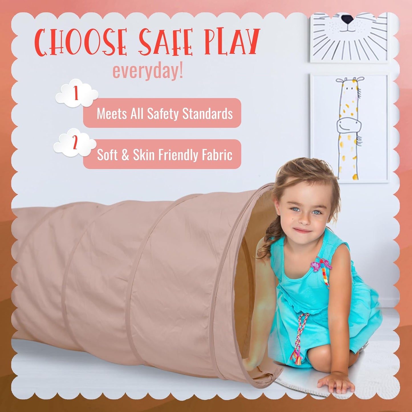 River & Aria Co Baby Play Tunnel - 6ft Indoor & Outdoor Pop Up Play Tunnel for Toddlers 2-6 - Interactive Hide-and-Seek Crawling Tunnels for Children (Peach Tunnel)
