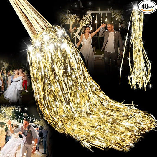 48 Pcs Lighted Wedding Wands LED Tinsel Wands Streamers Wedding Sparklers Send Off Light Sticks for Reception Birthday Exits Baby Shower Concert Christmas Party Favors(Gold)