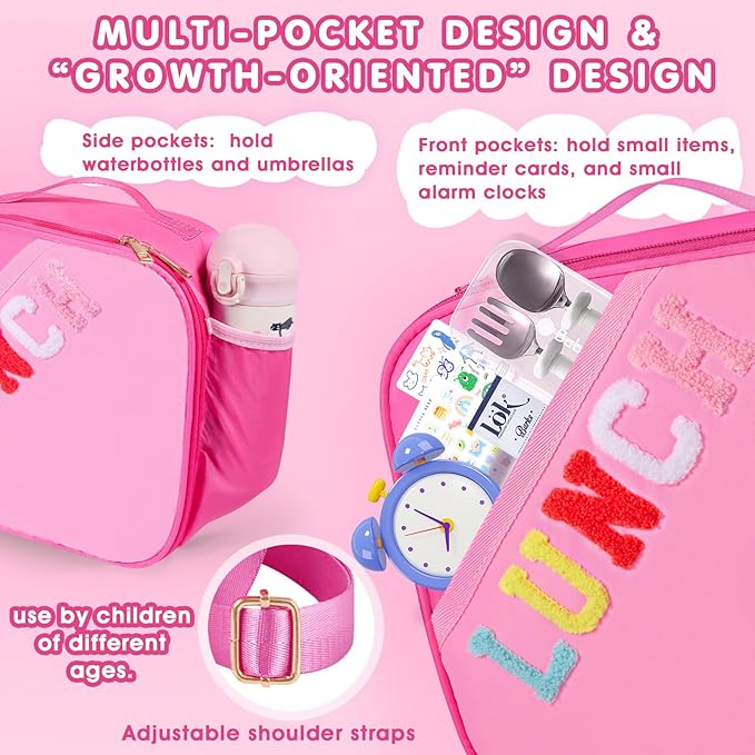 Lunch Bag Kids-Kids Insulated Lunch Bag with Adjustable Strap - Reusable Leakproof Lunch Box for Girls, Preppy School Lunch Tote for Travel, Picnic,School & Winter Camp