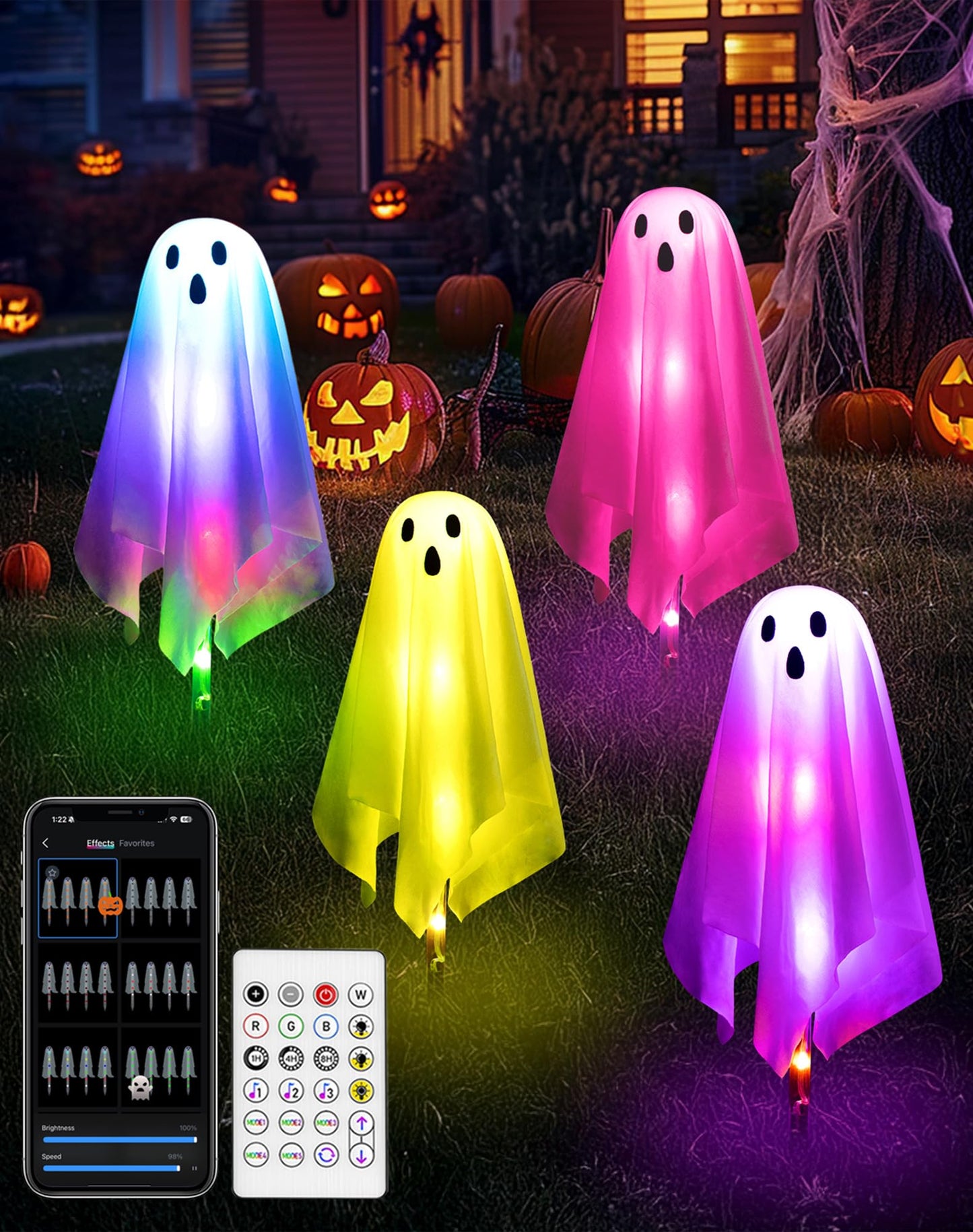 FREECUBE Halloween Ghost Pathway Lights, 4 Pack, Multi-colored, APP Control & Remote, Dimming, Music Sync, Plastic, Model BESL78