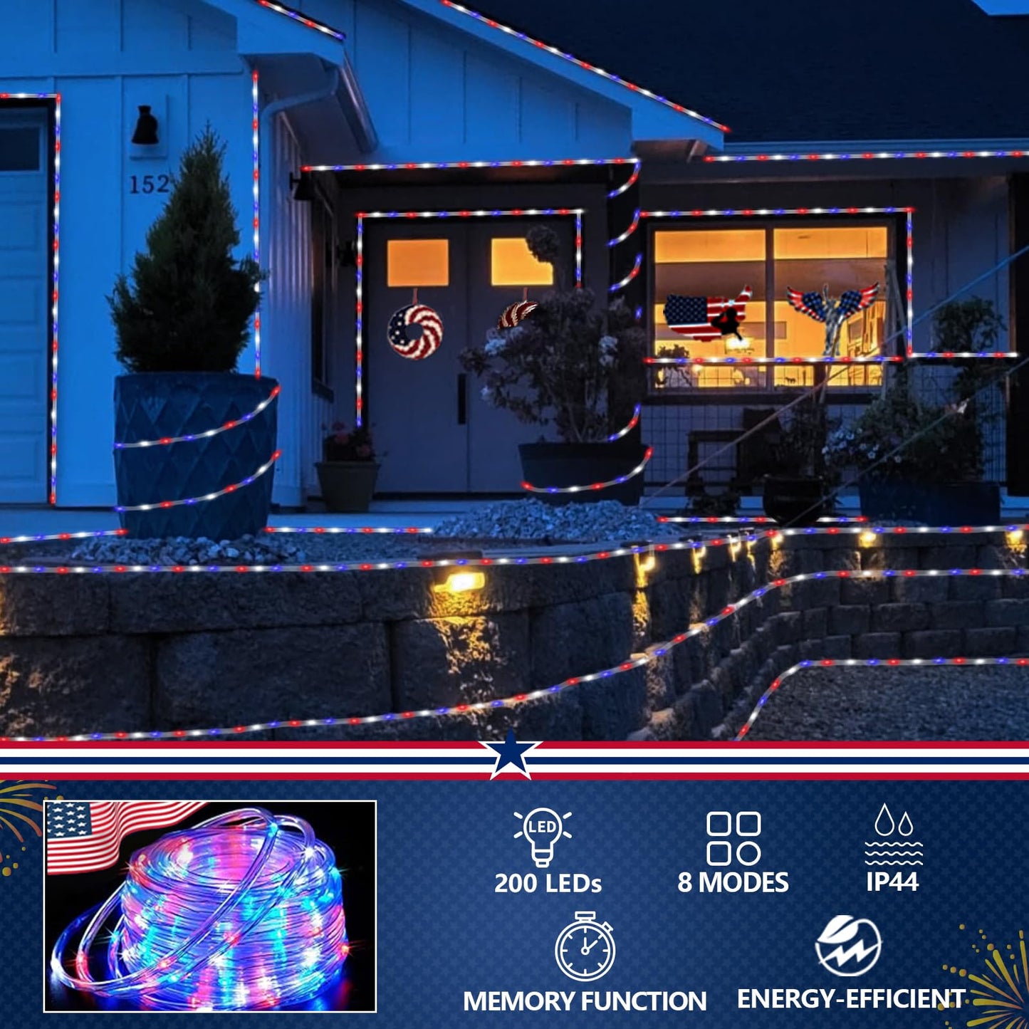 YEGUO Solar Rope Light, 200 LED, 66ft, 8 Modes, Red White Blue, 4th of July Decorations