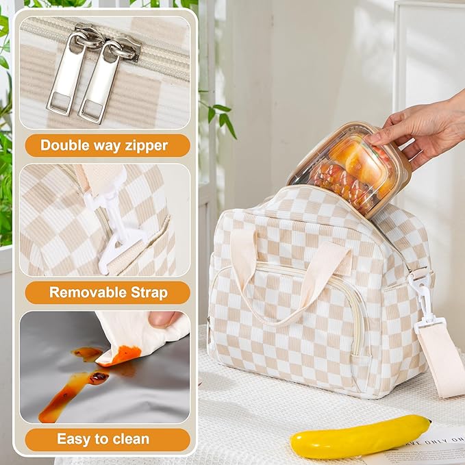 Large Lunch Bag for Women Insulated Lunch Box Reusable Cooler Bag Portable Cute Corduroy Leakproof Tote Bags for Travel, Work, and Picnic, Beige and White