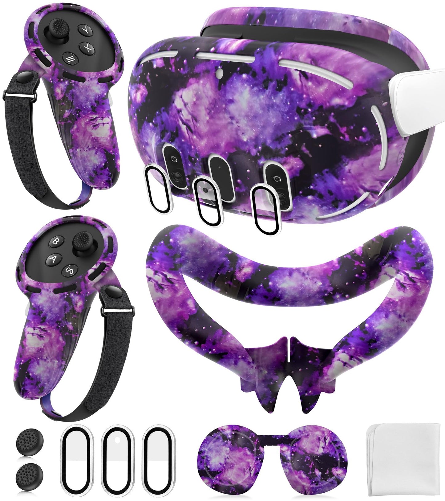 Silicone Cover Set Compatible with Meta/Oculus Quest 3 Accessories, Controller Grips, VR Shell Cover, Facial Interface Cover, Protective Lens Cover, Tempered Glass Lens Caps, Not Fit Quest 3S