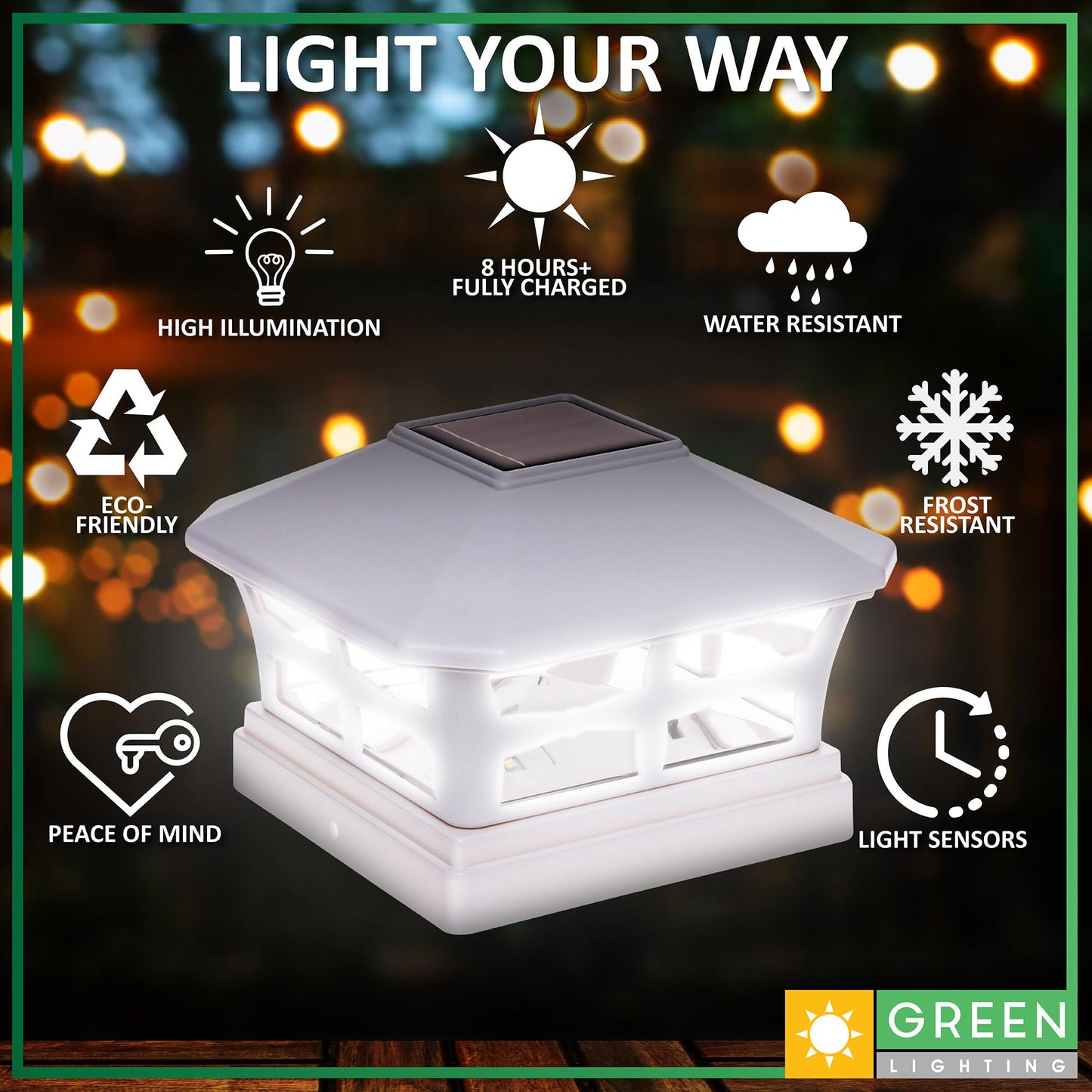 GreenLighting Solar Post Cap Lights - Waterproof White LED, 8 Pack, Fits 5x5 PVC/Vinyl, Model TN-1217796, Outdoor Landscaping Decor