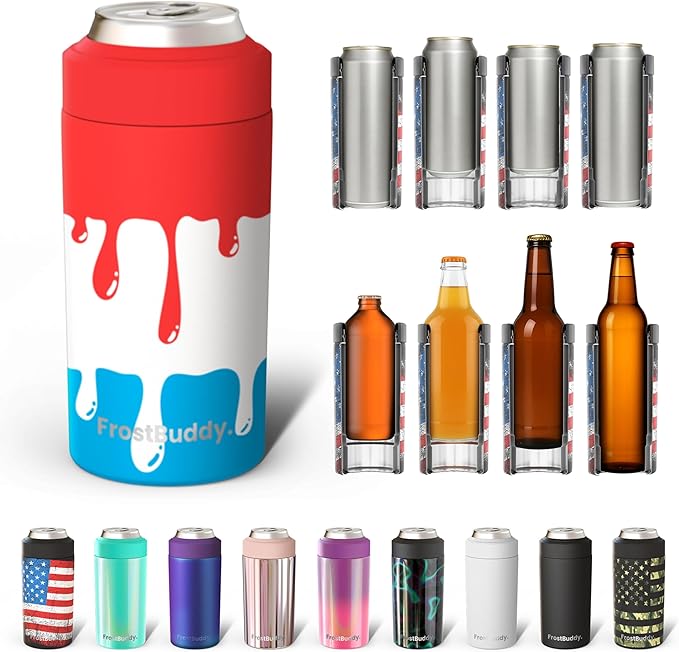 Frost Buddy Universal Can Cooler - Fits all - Stainless Steel Can Cooler for 12 oz & 16 oz Regular or Slim Cans & Bottles - Stainless Steel (Rocket Pop)