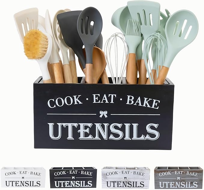 Utensil Holder,Large Wooden Utensil Holder For Kitchen Counter,Cooking Spatula Organizer,Big Storage Caddy With 3 Compartments Flatware Spoon Tool Cutlery（Black）