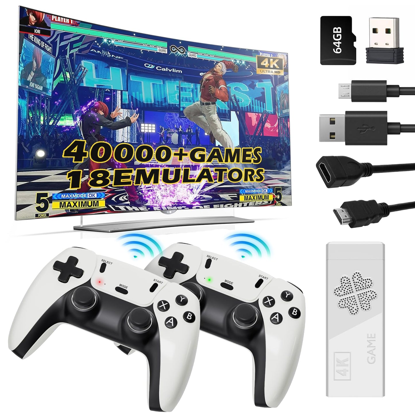 Upgraded Model Wireless Retro Game Stick,Retro Video Game Console,9 emulators, (64G),with Over 40000 Built-in Electronic Games,4K HDMI Output,Dual 2.4G Wireless Control Plug and Play Retro Game