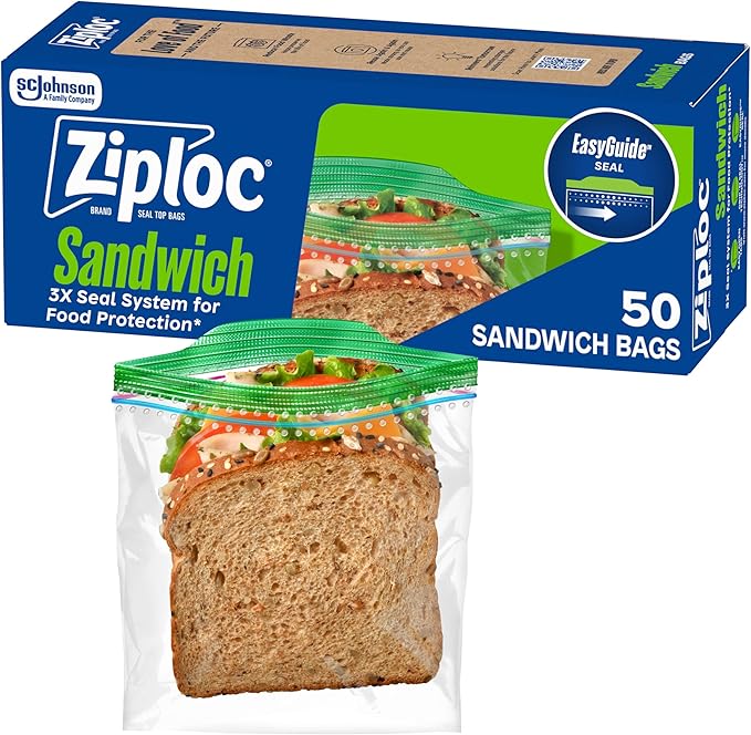 Ziploc Sandwich and Snack Bags, Easy Open and Close, Plastic Food Storage Bags, 50 Bags Total (Packaging May Vary)