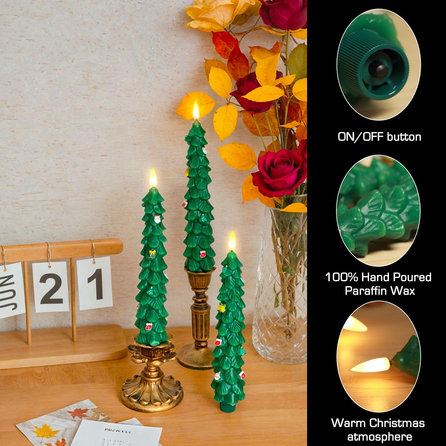 Daord 3 PCS Christmas Tree Taper Candles with Remote & Timer, Flameless Christmas Tree Wax Battery Operated Green Tree LED Candle for Christmas Home Decor(3pcs,9.5inch)