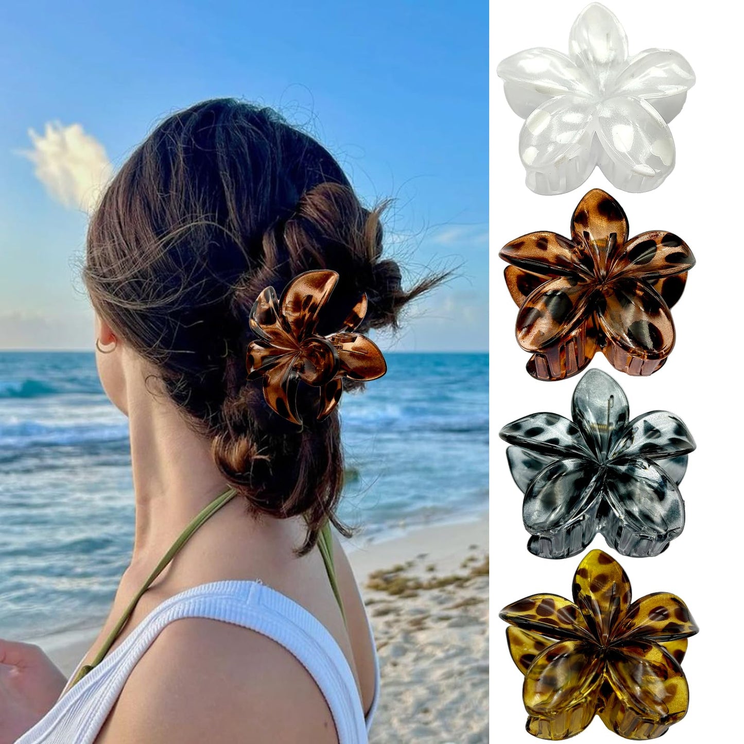 Flower Hair Claw Clips for Women, 4 Pack Hawaiian Flower Hair Clips, Plumeria Leopard-prints Claw Clips for Thick Thin Hair, Lar