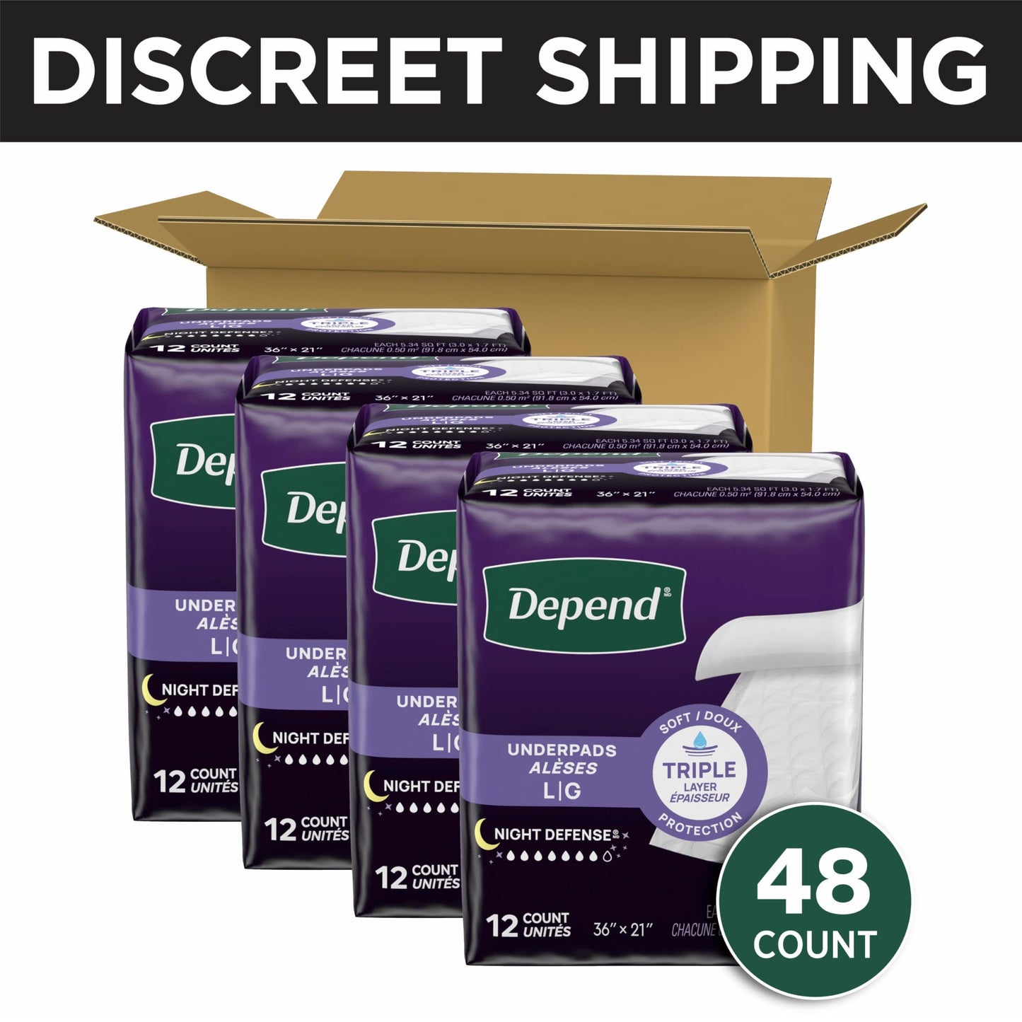 Depend Underpads, Disposable Incontinence Bed Pads for Adults, Slip Resistant, 36"x 21", 48 Count (4 Packs of 12)