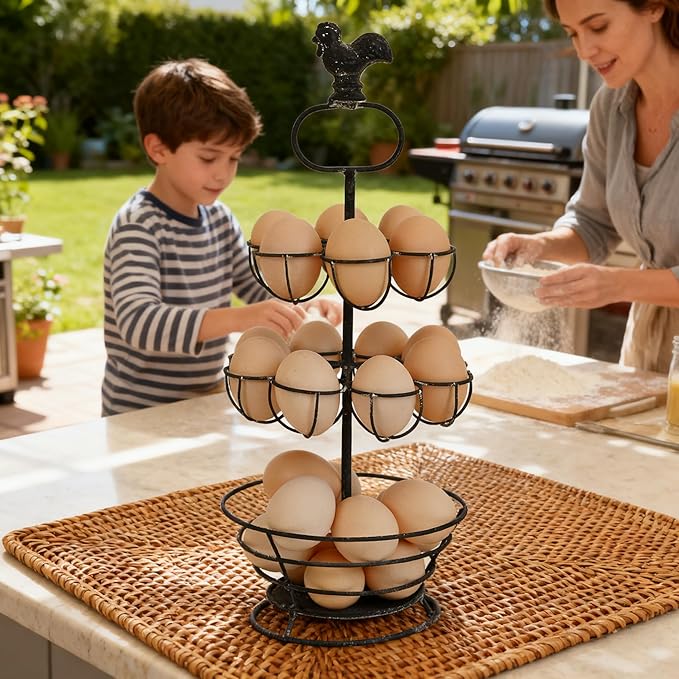 Vintage White Metal Egg Holder with Rooster Top - 2-Tier & Bottom Basket Design, Farmhouse Distressed Decor Egg Storage Rack for Kitchen Countertop Decor (Distressed Black)