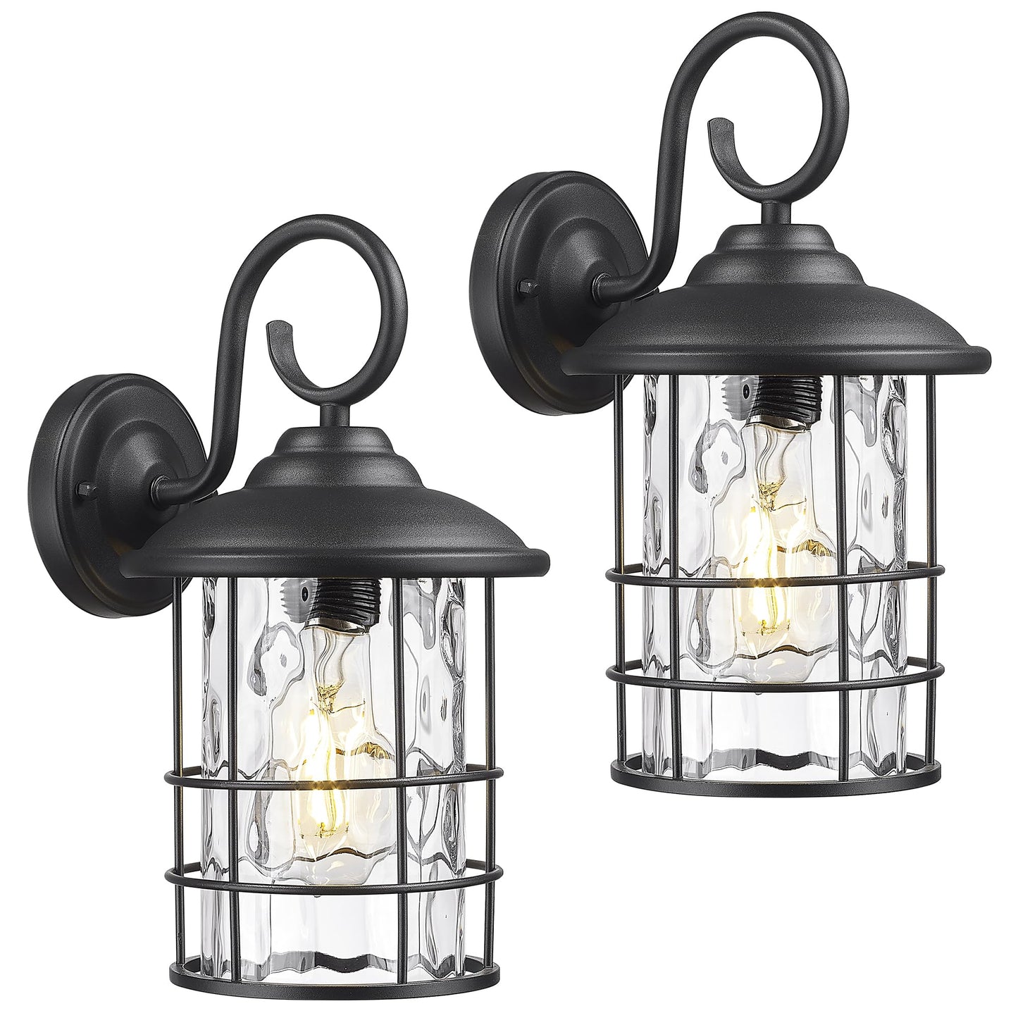 Emliviar Outdoor Wall Sconces, Vintage Black, Water Ripple Glass, E26 Base, 12.5 Inch, 2 Pack, Model 1803CW2-2PK-W