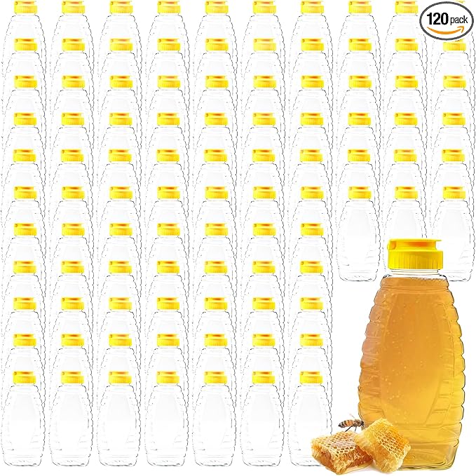 120 Pack 16oz Clear Food Grade Plastic Honey Bottles, Refillable Squeeze Honey Jars with Flip-Top Lids, Leakproof Honey Dispenser Containers for Storing and Dispensing