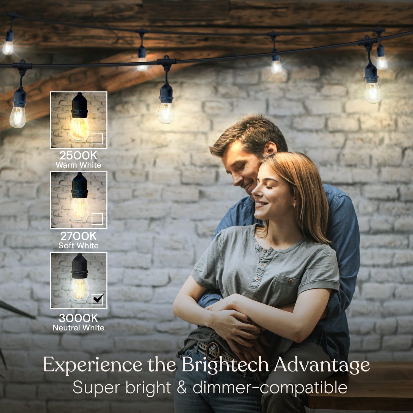 Brightech Ambience Pro Waterproof LED Outdoor String Lights 48 Ft Dimmable Vintage Edison Bulbs (3000K) Neutral White Model AMB-2W-24-NW