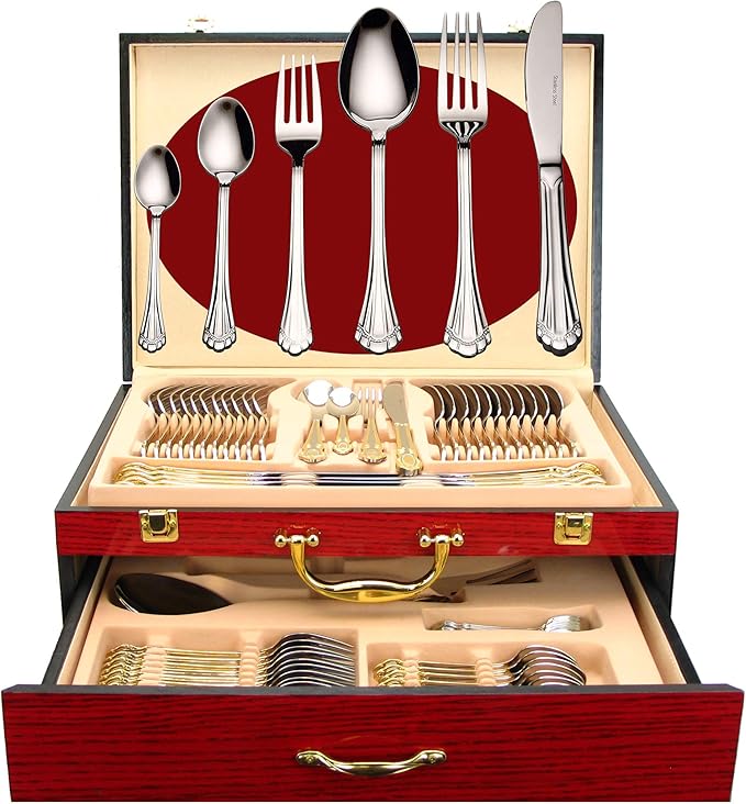 75-Pc Luxury Flatware Set for 12 w/Wooden Storage Case Premium Dining Cutlery Service - 18/10 Surgical Stainless Steel Silverware Hostess Serving Set in a Chest