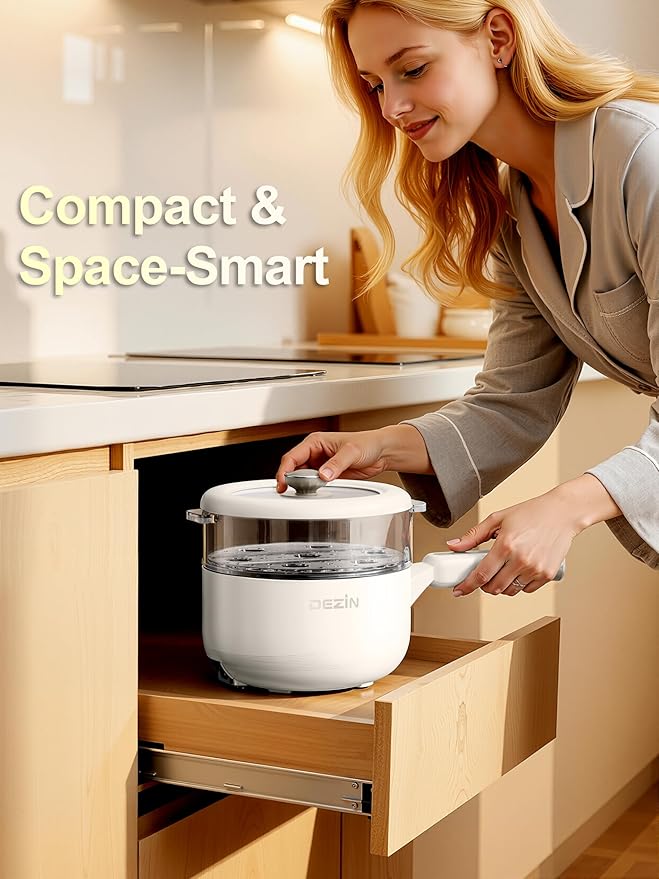 Dezin Electric pot with Steamer, 2L Non-Stick Sauté Pan, 5-in-1 Multifunctional Hot Pot Electric for Steak, Fried Rice, Oatmeal, Soup, Dual Power Control, Portable Pot for Dorm, Office & Small Kitchen
