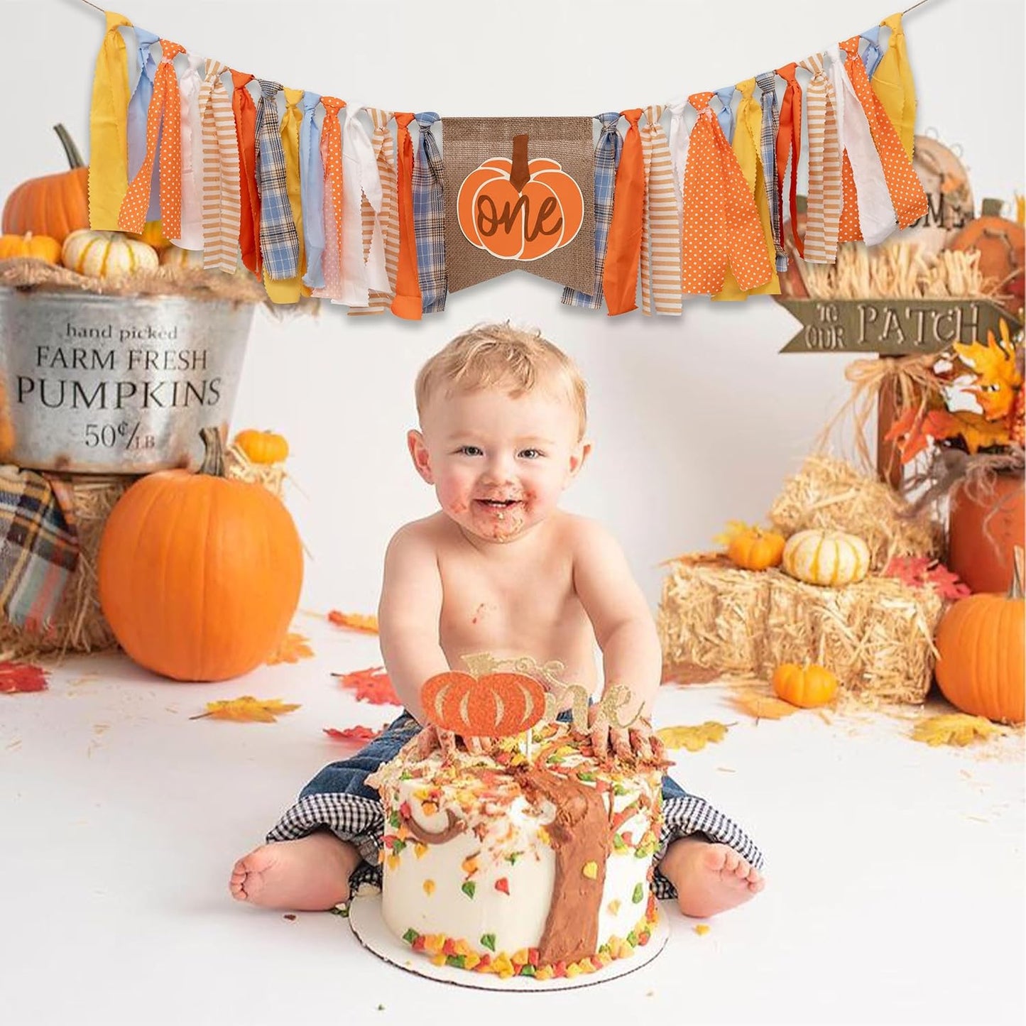 Pumpkin One High Chair Banner - Halloween 1st Birthday Party Decoration Supplies, Fall Thanksgiving Party Banner, Anniversary Photo shoot background props