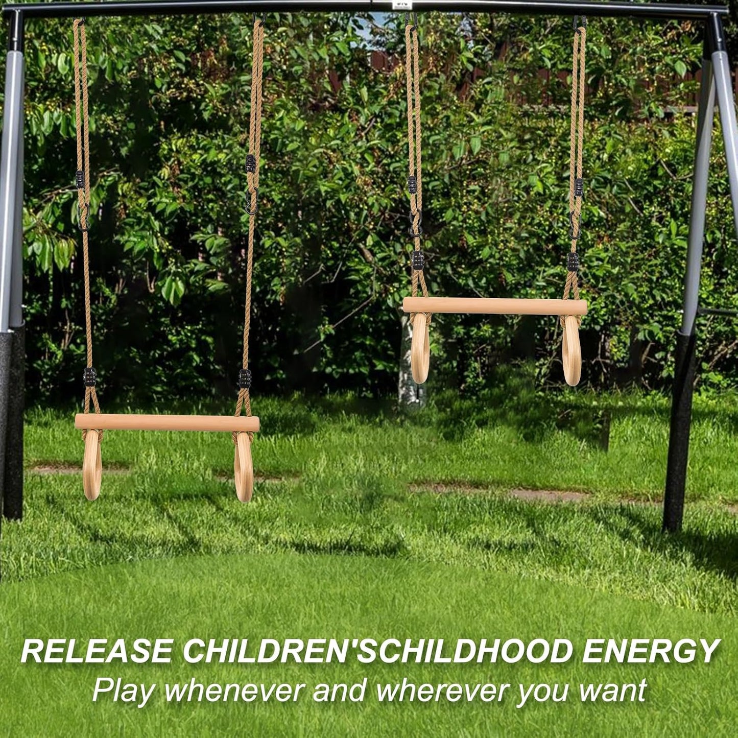 YAERSI Children's Trapeze Swing Bar with Wooden Gym Rings,Trapeze Bar for Swing Set （Water Drop）