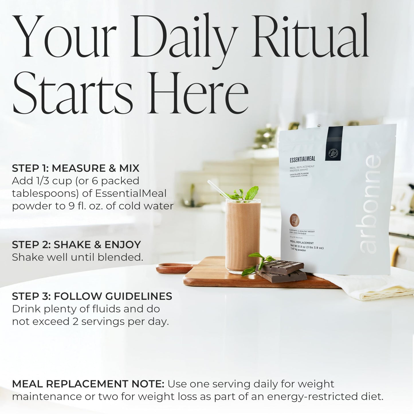 Arbonne EssentialMeal Meal Replacement Shake - Protein Shake, Vegan Protein Powder, Complete Daily Nutrition, Chocolate