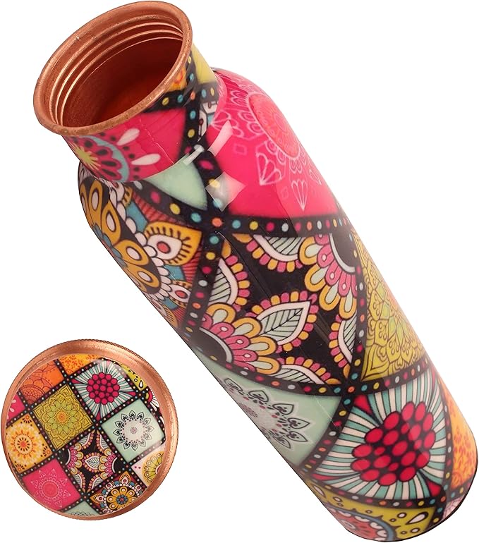 Pure Copper Water Bottle - Handcrafted - Ayurveda health benefits - Large 35 oz - Leak proof - Easy to carry for Sports, Fitness, Yoga, School - Artistic Petals Multicolor Enamel