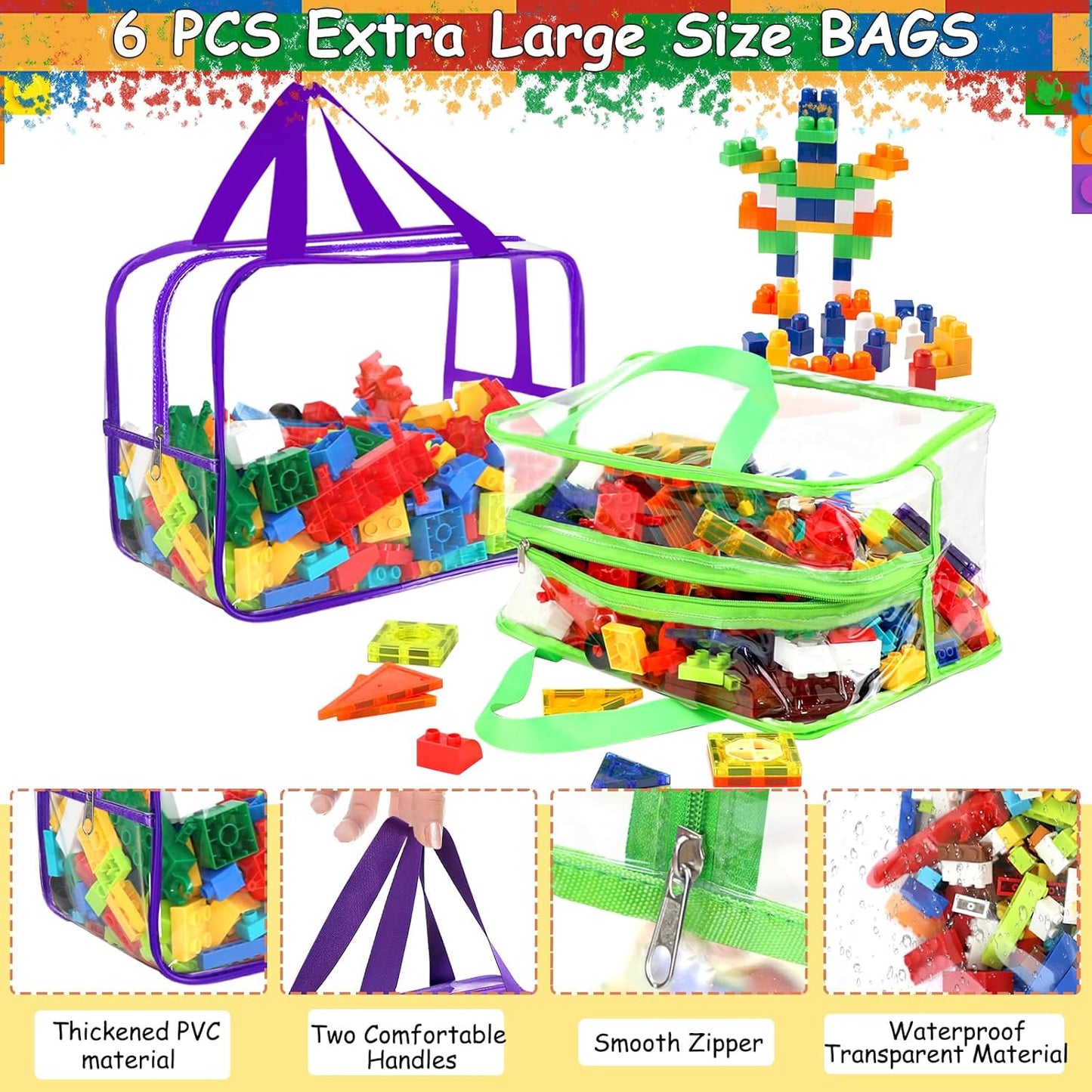 6 Colors Widen X-Large Storage Bags 12.6×9.25×6.9In with Labels, Reusable Clear PVC Board Game Storage, Travel Waterproof Organizer Bags with Zipper for Building Blocks, Puzzle, Stuffed Animals