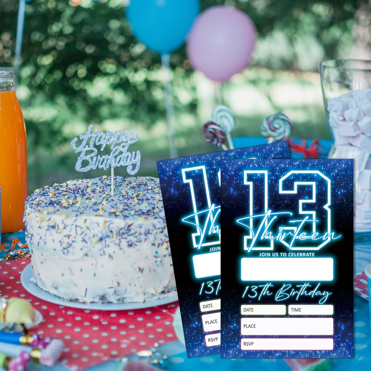 SIXEIGHT Blue 13th Birthday Party Invitations for Boys, Glow Neon Birthday Invitations, 20 Double Sided Invite Cards with Envelopes for Kids Girls, Party Decorations Supplies, 4"x6"-C13