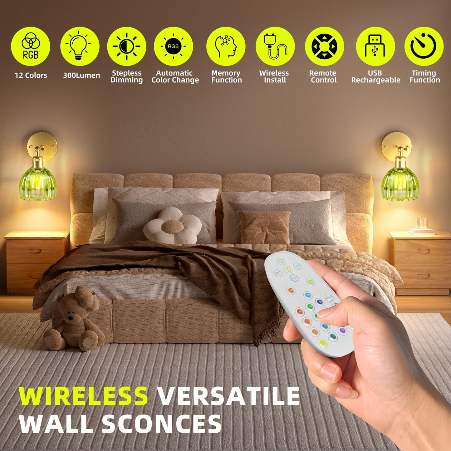 Senluyi Battery Operated Wall Sconce Set of 2, Remote Control, 7000mAh Dimmable RGB Bulbs, Wrought Iron, Green, Model V828