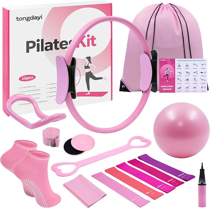 16Pcs Home Pilates Equipment for Women, Pilates Kit with 14'' Pilates Rings, Yoga Ball, Sliding Disks, Pilates Bands & Acc...