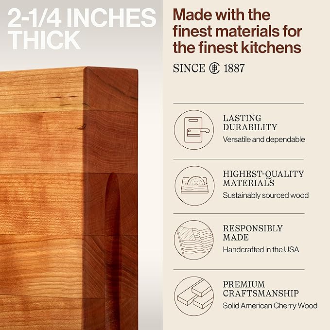 John Boos RA-Board Series Rectangular Wooden Maple Cutting Board 18”x12” – 2.25” Thick, 15-lb Reversible Butcher Block with Edge-Grain & Finger Grips – Made in the USA