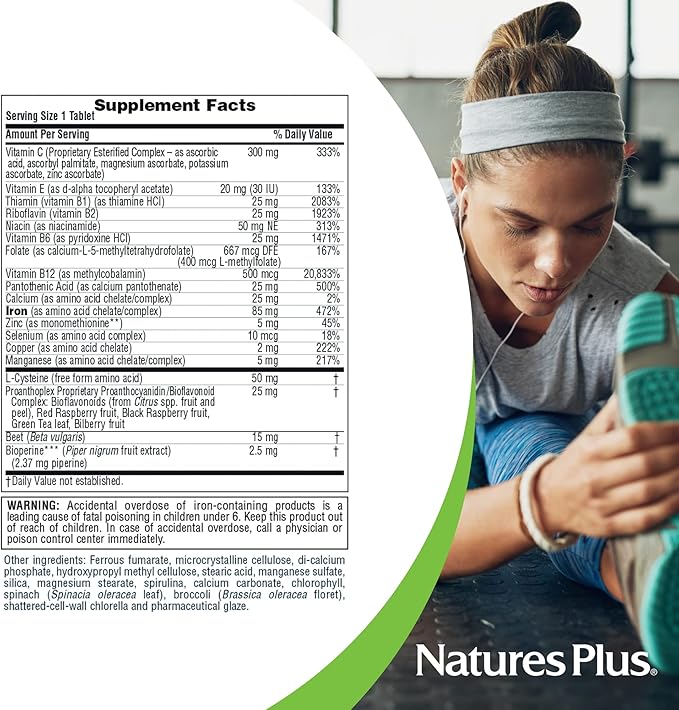NaturesPlus Hema-Plex Iron - 60 Tablets - 85 mg Elemental Iron + Vitamin C & Bioflavonoids for Healthy Red Blood Cells - Vegan, Gluten Free - 30 Servings