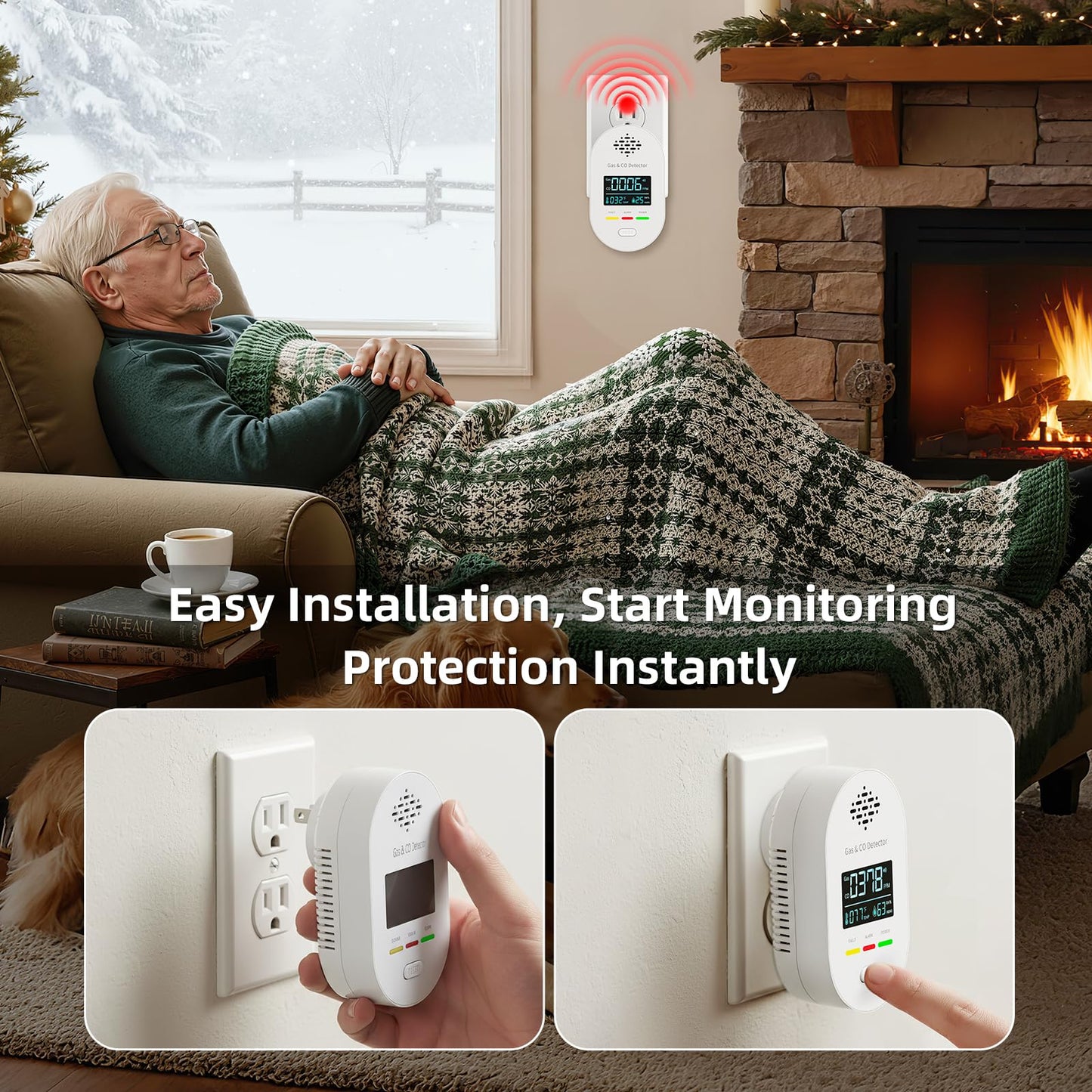 Carbon Monoxide Detectors,Plug in CO and Natural Gas Detector, Combination Gas & Carbon Monoxide Detectors for Travel with Temperature Humidity Display, 4 in 1 CO & Gas Detector for Home/Travel