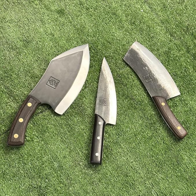 COOLINA Knife Set – Chef, Tungsten & Lixy Knives Bundle – 3-Piece Hand-Forged Carbon Steel Kitchen & BBQ Knives with Wooden Handles – Full Tang Butcher, Cleaver & Cooking Knife Set