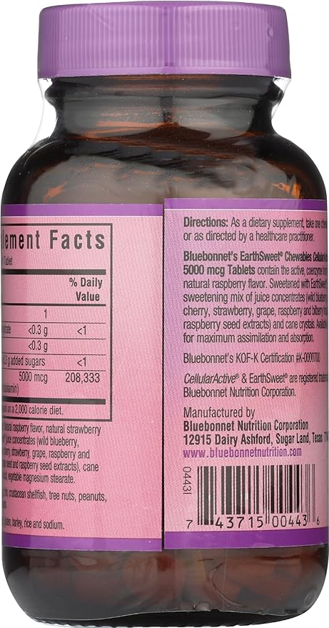 Bluebonnet Nutrition EarthSweet Chewables Cellular Active Methylcobalamin 5000mcg, Soy-Free, Gluten-Free, Non-GMO, Kosher, Dairy-Free, Vegan, 60 Chewable Tablets, 60 Servings, Raspberry Flavor