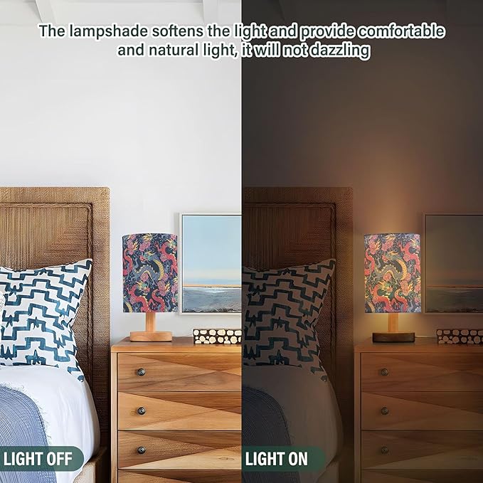 Table Lamp Chinese Dragon Fight in Flower Pattern on Dark Blue Nightstand Lamp with Wood Base Fabric Lamp Shade Bedside Desk Lamp for Living Room Bedroom Kids Room Office