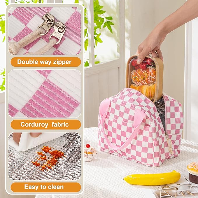 Lunch Bag for Women Checkered Insulated Lunch Box Reusable Cooler Bag Portable Cute Corduroy Leakproof Tote Bags for Travel, Work, and Picnic
