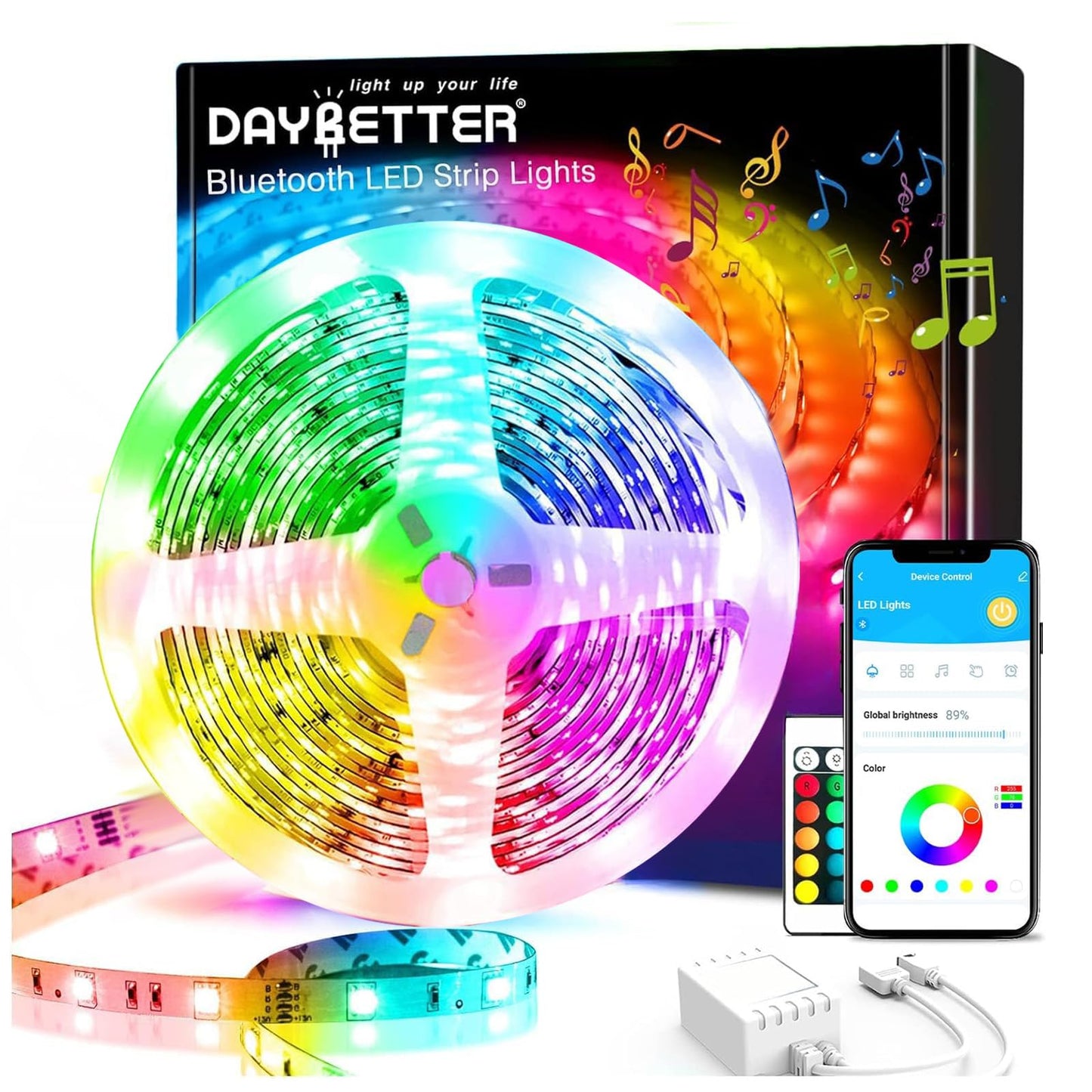Daybetter Smart Bluetooth Led Strip Lights 30Ft, Rgb, App Control, 5050, Multicolor, Model Flslb503901Rg-Dbus